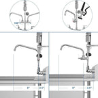 Commercial Wall Mount Kitchen Sink Faucet with Sprayer - 21" Height 8 inch Center, Add-on 8" Swing Spout Pre-Rinse Sprayer for 1 or 2 Compartment Sink