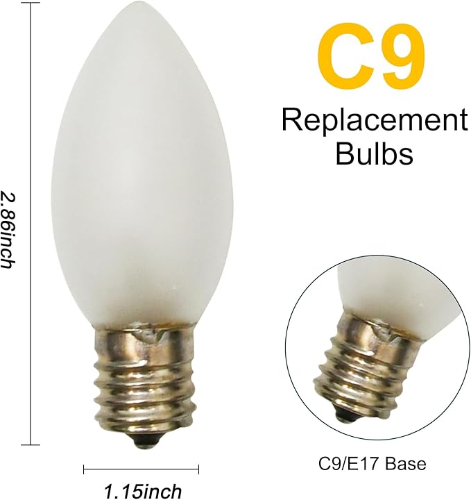 25 Pack C9 Frosted White Replacement Light Bulbs, 7W Vintage Incandescent Light Bulbs for Christmas Outdoor Indoor String Lights, E17 Intermediate Base Night Light Chandelier Bulbs- Frosted White