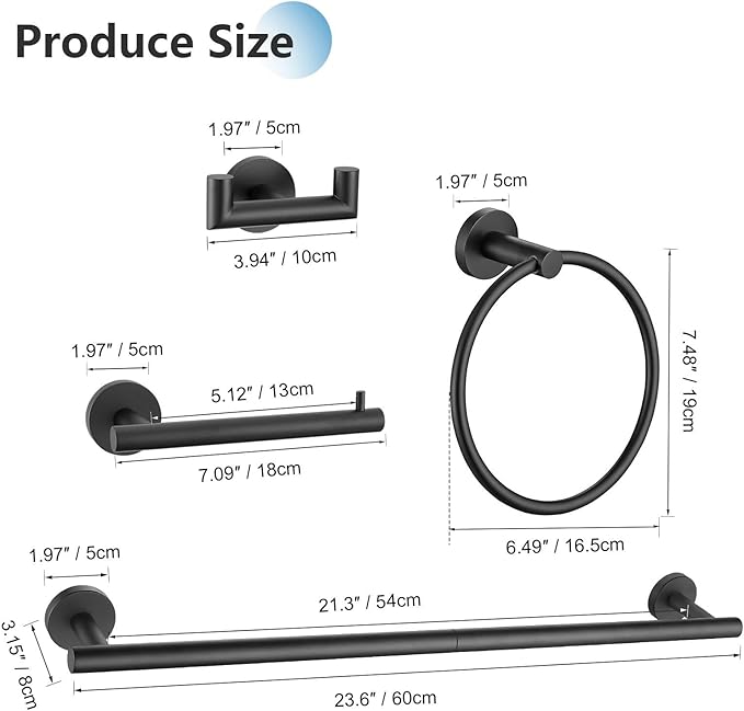 TNOMS 5 Pieces Towel Bar Set Matte Black Bathroom Accessories Set SUS304 Stainless Steel Towel Holder Set for Bathroom,Wall Mounted 23.6 Inch Bathroom Hardware Set