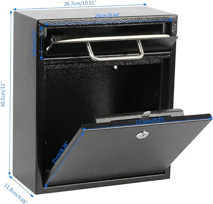 KYODOLED Steel Key Lock Mail Boxes for Outside, Locking Wall Mount Mailbox, Security Key Drop Box,12H x 10.51L x 4.68W Inches, Black Large