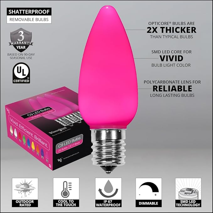 Wintergreen Lighting 25 Pack OptiCore C9 LED Pink Christmas Replacement Bulbs - Vintage Ceramic Style Valentine Lights, E17 Base (Smooth)