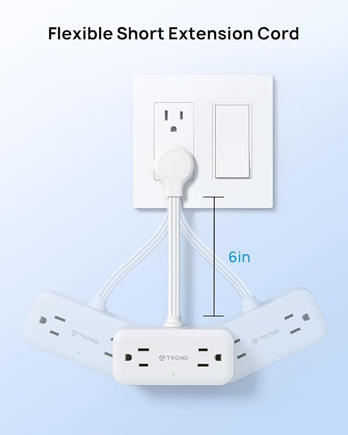 TROND Outlet Extender with 6 Inch Cord, Flat Plug Adapter with 4 Electrical Sockets, 900J Surge Protector, Wall Mountable, Multi Plug Wall Outlet for Home Office Travel Dorm Room Essentials, White