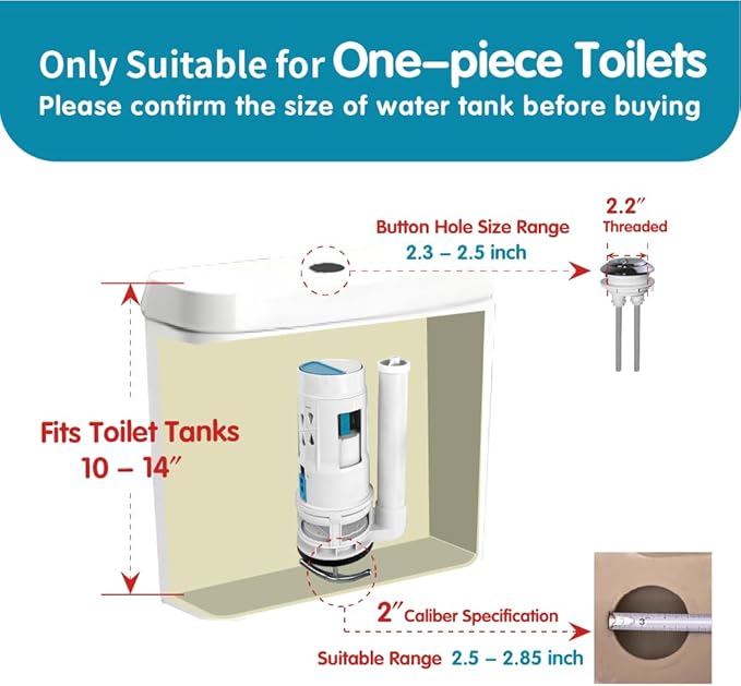2-Inch Dual Flush Valve Replacement Kit for One-Piece Toilets - Includes 2.2" Threaded Button, 8.2" Flush Valve & Fill Valve - Fits 10-13.5" Tanks with 2.56-2.76" Drain Holes