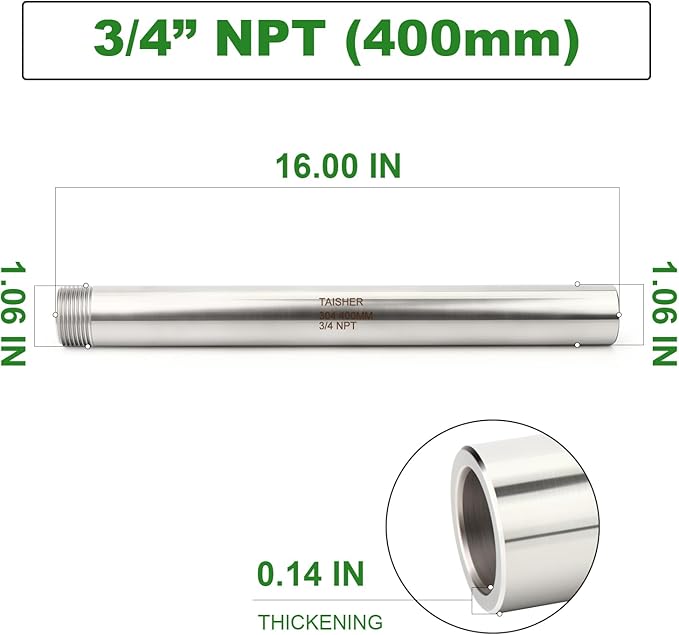 TAISHER 1PCS 304 Stainless Steel Pipe Fittings, 3/4" NPT Male Threaded, 16" Length Weld Nipple Cast Pipe