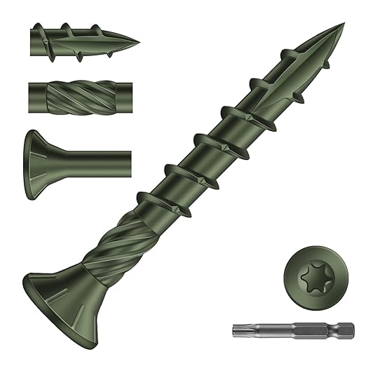 #8 x 1-1/4" Deck Screws (175Pcs) 1lb. Carbon Steel, Green, Flat Head, Rust Resistant epoxy Coated, with T25 Star Bit