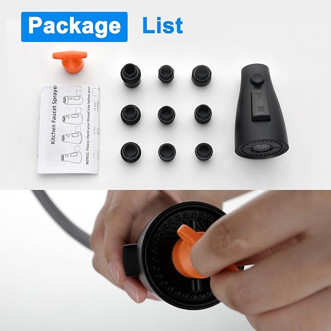 [Upgraded] GORDEE Kitchen Faucet Sprayer Head Replacement, 3-Function(Stream/Spray/Blade) Sprayer Spout Nozzle w/Check Valve, 1.8 GPM, 9 Adapters to Fit Most Standards of Faucets, Matte Black