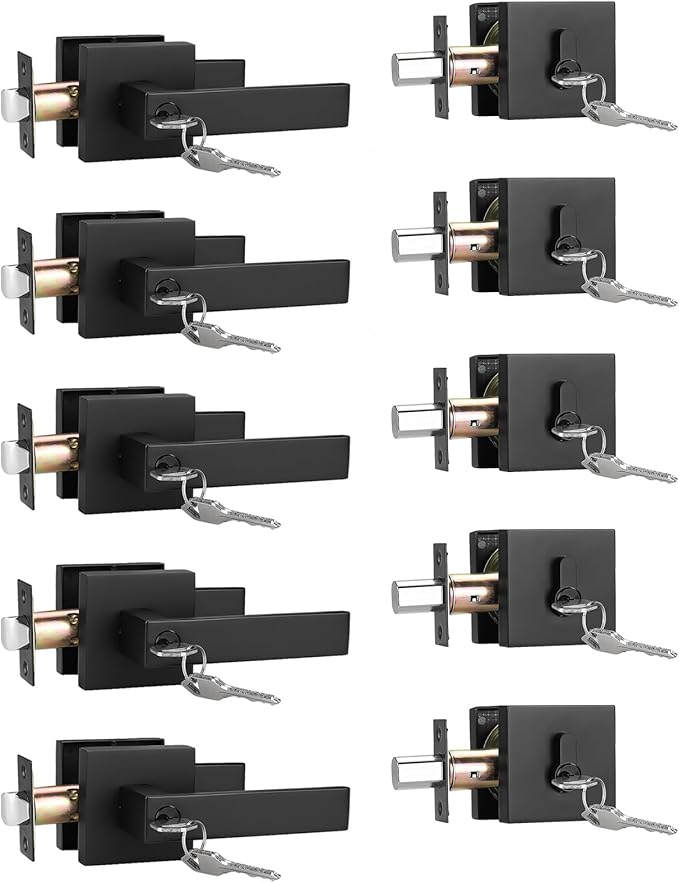 5 Pack Keyed Entry Door Lever and Single Cylinder Deadbolt Set, Keyed Alike Reversible Lockset, Matte Black Square Interior/Exterior Handleset for Bedroom, Front Door
