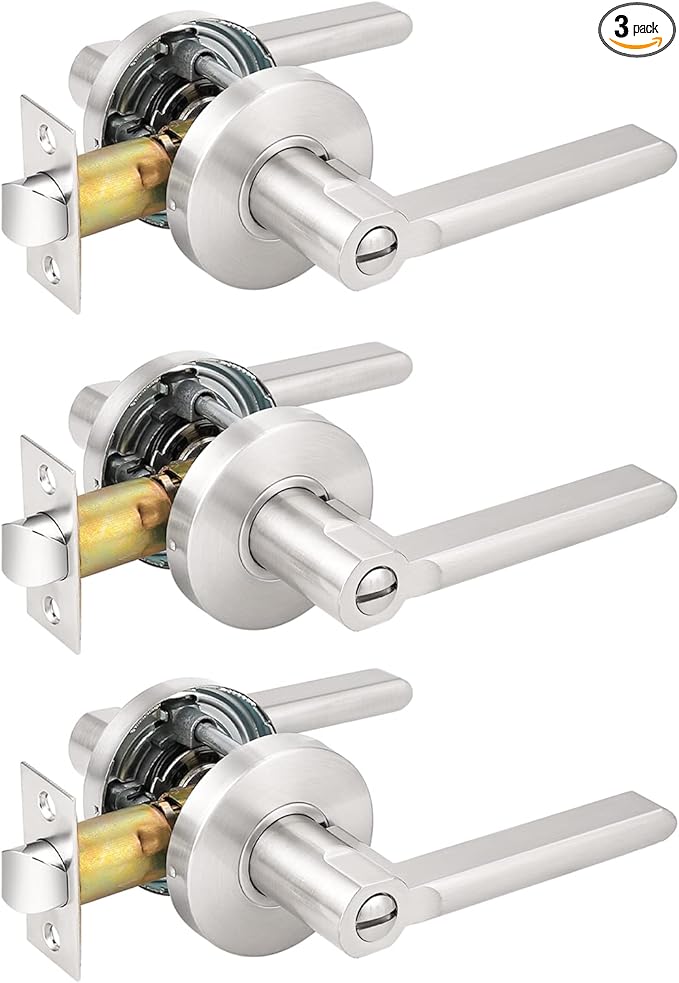 Probrico Satin Nickel Bedroom/Bathroom Door Levers, Flat Reversible Handles, Interior Privacy Door Lock (3 Pack)