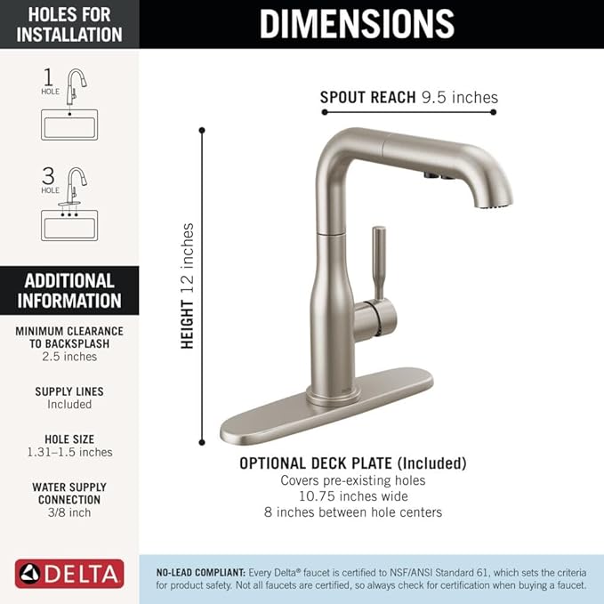 Delta Almari Brushed Nickel Kitchen Faucet with Pull-Out Sprayer, Modern Single Hole Kitchen Sink Faucet, Single Handle, Stainless 16943-SS-DST