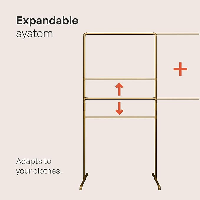pamo Gold Clothing Rack – 114.17" W x 76.38" H – Industrial Pipe Metal Garment Organizer for Bedroom or Retail – Heavy-Duty Clothes Rack – Easy Assembly