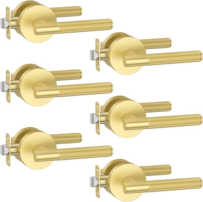Asidrama 6 Pack Passage Gold Door Handles, Door Lever with Door Knobs Indoor for Bedroom or Bathroom, Heavy Duty Brushed Gold Door Handles Interior with Locks for Left Right Sided Doors