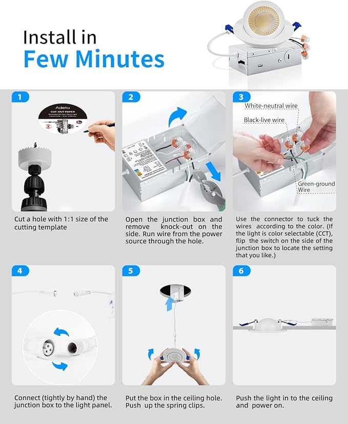 Adetu 3 Inch 5CCT Gimbal Led Recessed Lighting with Junction Box, 2700K/3000K/3500K/4000K/5000K Selectable, 7W Eqv 80W, 360°+90° Adjustable Recessed Lights, 798LM Brightness - ETL (White, 1 Pack)