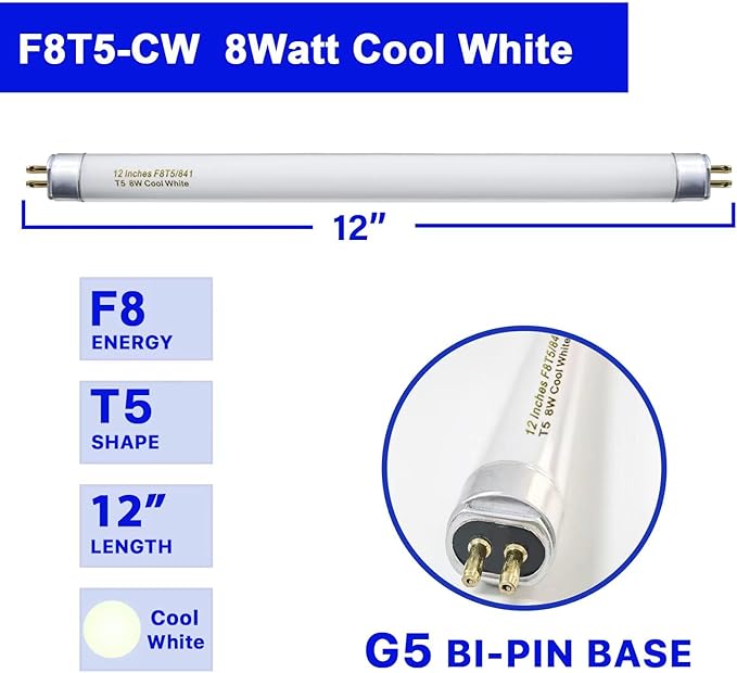 8 Pack F8T5/CW Fluorescent Bulbs, T5 12 inch 8 Watts Under Cabinet Light Bulb Cool White, G5 Mini Bi 420 Lumen