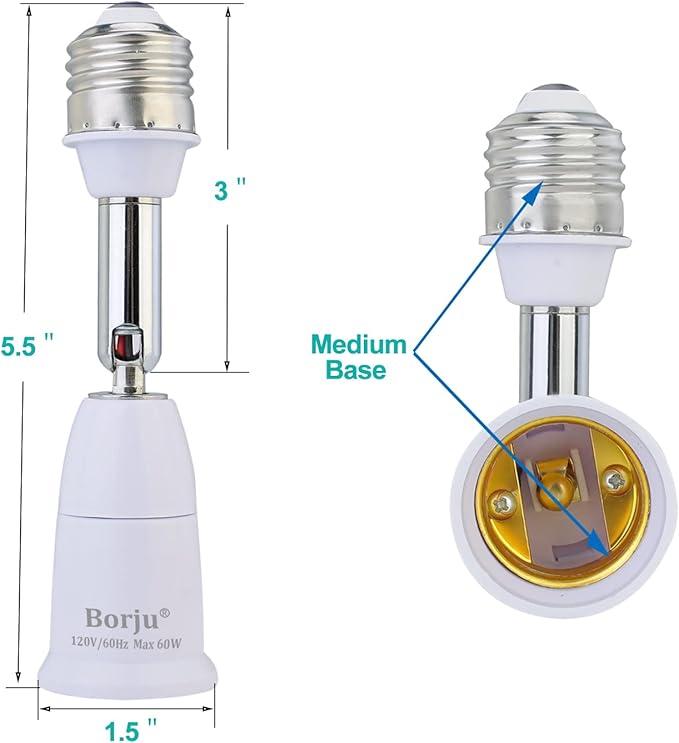 Borju Light Socket Extender [2-Pack], 4.5 Inch Extension, 360° Adjustable Socket, White