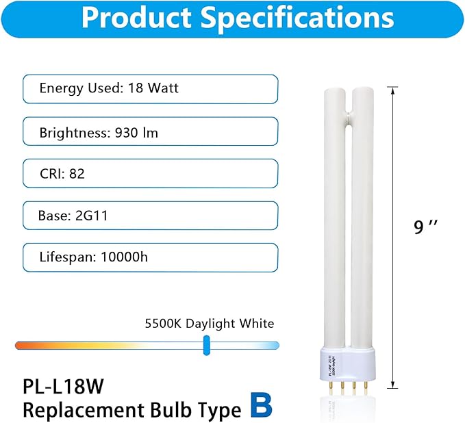 PL18-B 18W Replacement Tube Light Bulb for OttLite T18330 PL18-B-FFP OTL18TCB Fluorescent Light Bulb,Tpye B,Bright Natural Daylight,2G11 Base,930lm,9'' Overall Length 2 Pack