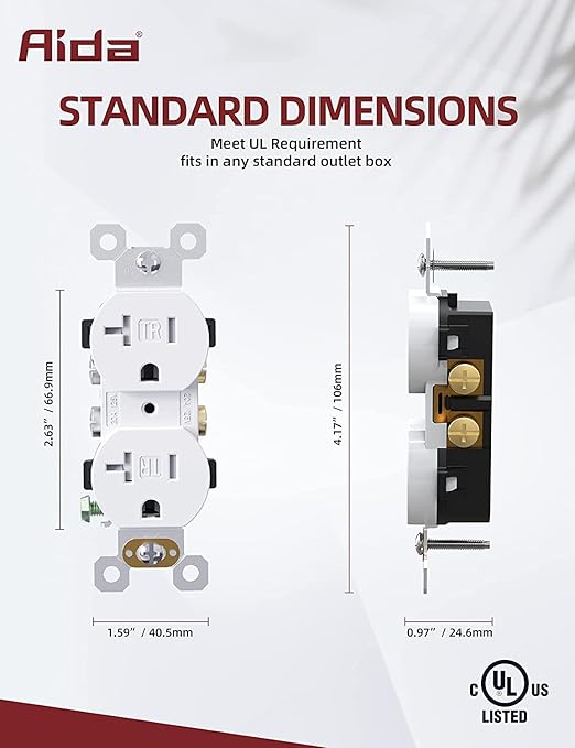 AIDA 20 Amp Outlets Duplex Electrical Receptacle Outlets,Tamper Resistant,Heavy-Duty Receptacle Wall Outlet,Residential,2-Pole,3-Wire, Self-Grounding Clip, NEMA 5-20R,UL Listed 20 Pack, White