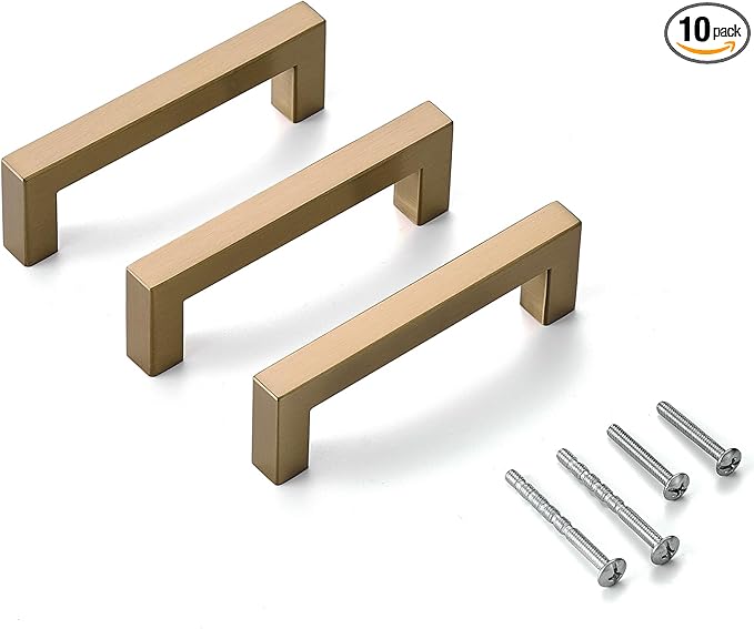 10 Pack Champagne Bronze Cabinet Pulls 3 3/4 Inch Drawer Pulls Square Cabinet Drawer Handles Cupboard Handles Modern Stainless Steel Kitchen Cabinet Hardware