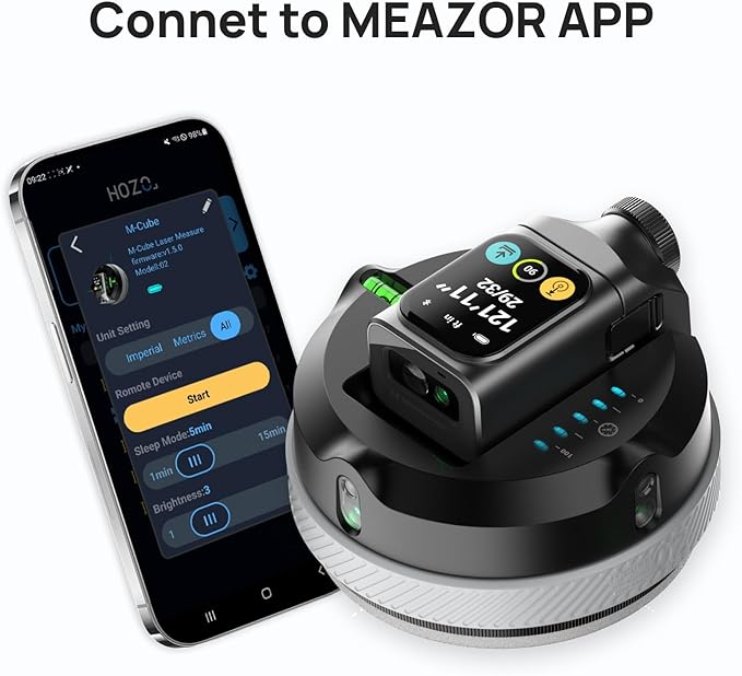 HOZO M-Cube02 Laser Level with 164ft Green Laser Measure, 360° Rotating for P2P Laser Measure & Center Finder, Wall Mount Laser Level for Picture Hanging, Renovation & DIY, Bluetooth App, Rechargeable