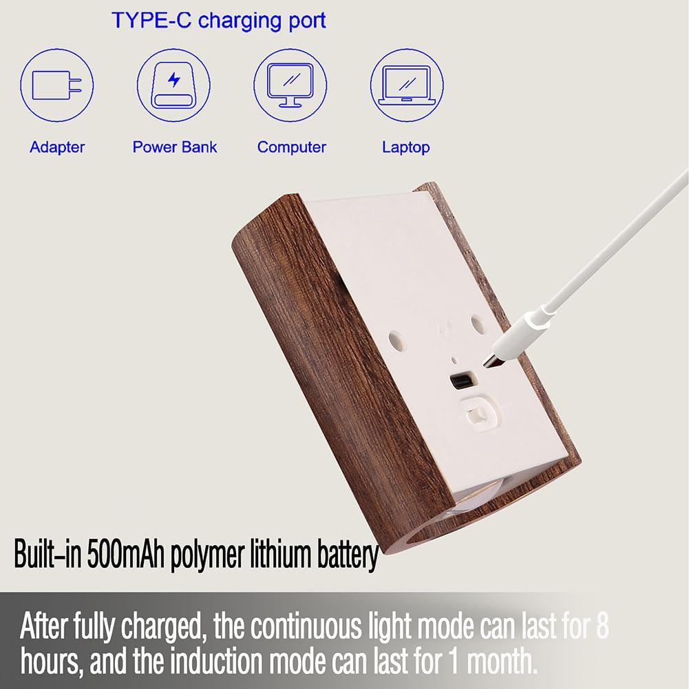 LANDGOO Smart Night Light Step Lights 2 Pack - Rechargeable Motion Sensor Stair Lights, 2700K Warm White LED, Walnut Wood for Hallway & Bedroom Safety