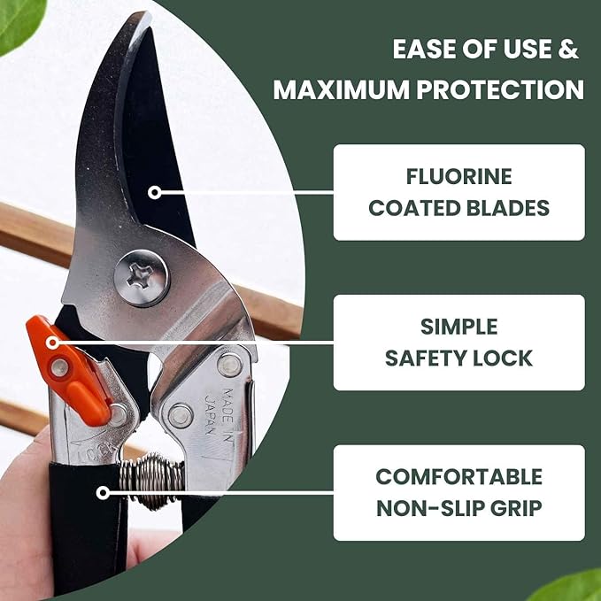 Saboten 7.9-Inch Bypass Pruning Shears, Fluorine-Coated High-Carbon Steel Blade, Ergonomic Non-Slip Grip Hand Pruner, Made in Japan, forest Originals