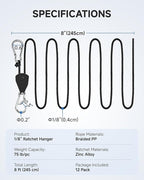 Fondwell 1/8" Adjustable Grow Light Hangers: 12 Pack of Ratchet Rope Tie Downs - Small Ratchet Straps for Various Hanging and Strapping