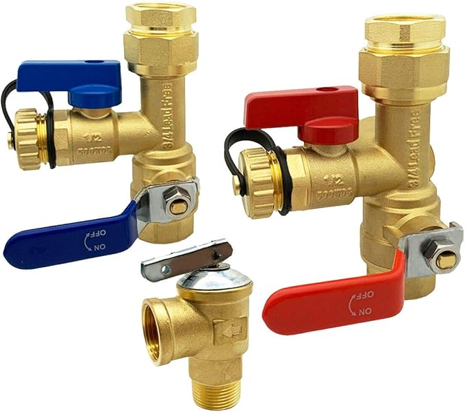 Beduan Water Heater Service Valve Kit 3/4" IPS Isolator Tankless with Pressure Relief Valve, Clean Brass Construction