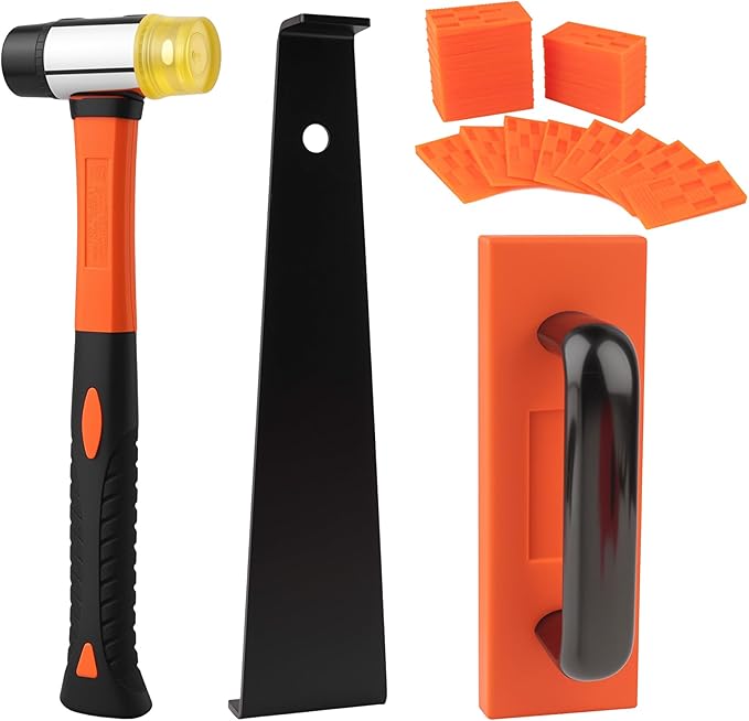 43-Piece Laminate Flooring Tools with Sturdy Double-Ended Hammer, Steel Return Hooks, Snug-Fitting Two-Handed Knocking Block with Handle and Shims, Flooring Tools Perfect for Home and Professional Use