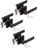 3 Pack Square Entry Door Levers with Lock and Key, Matte Black Entrance Door Handles, for Exterior or Interior Doors, Bedroom, Office, Hotel (Each with 3 Keys)