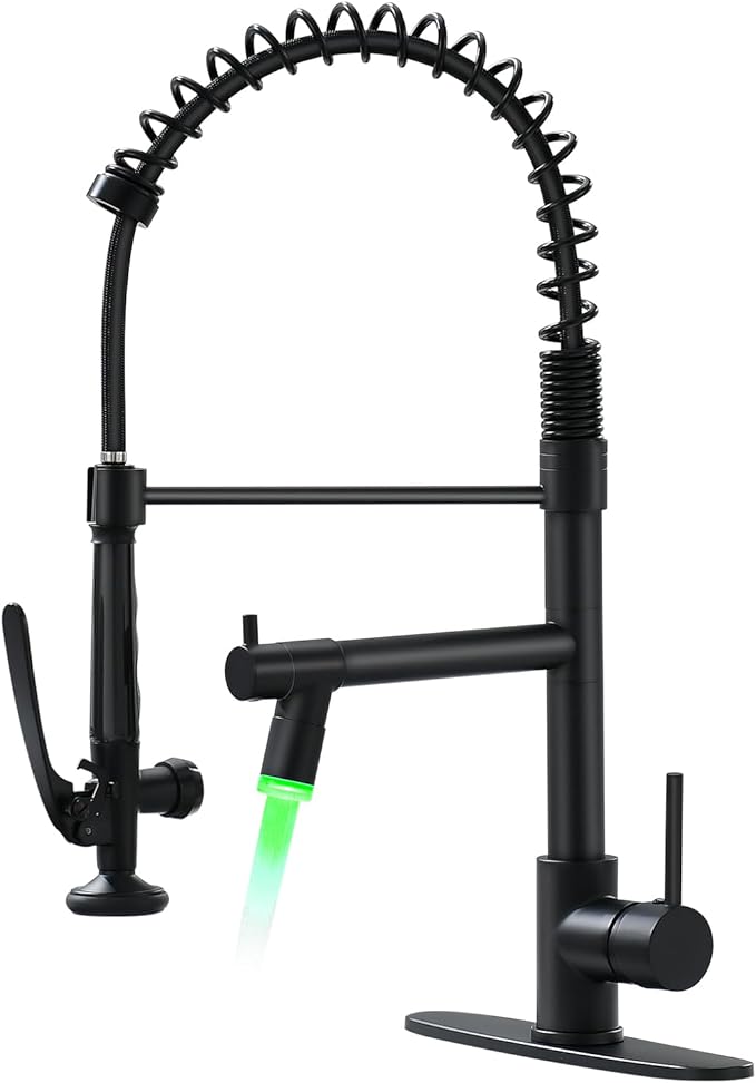 Fapully LED Kitchen Faucet with Pull Down Sprayer,Commercial Matte Black Kitchen Sink Faucet with Deck Plate