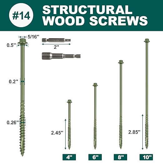#14 x 4 Wood Structural Screws 300 Pack Hex Head Lag Screws, Rust Resistant Timber Screws for Timber/Log/Landscaping Wood (Green)