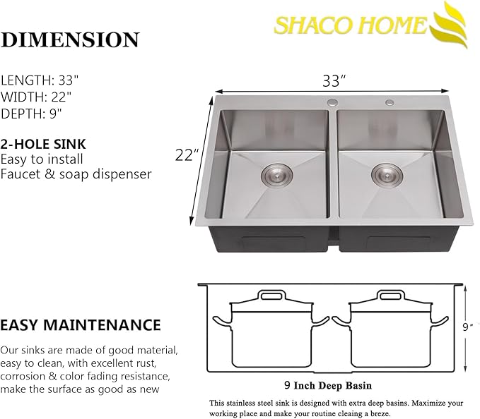 SHACO 33x22 Inch 50/50 Double Bowl Drop In Kitchen Sink 16 Gauge 33 Inch Stainless Steel Kitchen Sink Top Mount with Grid and Accessories