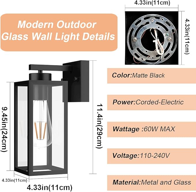 Tipace Outdoor Wall Lantern 2 Pack Black Exterior Wall Sconce with Clear Glass Shade Wall Mount Lights for Entryway,Porch,Doorway(2700K E26 Bulbs Include)