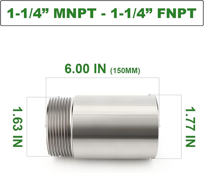 TAISHER 1PCS Stainless Steel Pipe Fittings, 1-1/4" NPT Male x 1-1/4" NPT Female Threaded, 6" Length Nipple Cast Pipe