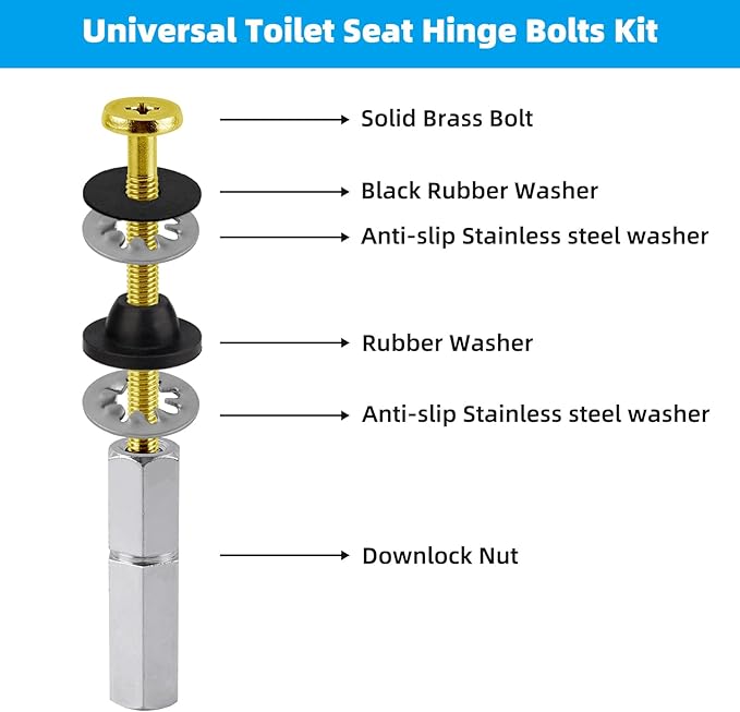 Hibbent 4 PCS Universal Toilet Seat Bolts Kit, Heavy Duty Solid Brass Toilet Bolts with Extra Long Stainless Steel Downlock Nuts Rubber Washers Gaskets, Easy to Install - Bathroom Toilet Repair Screw