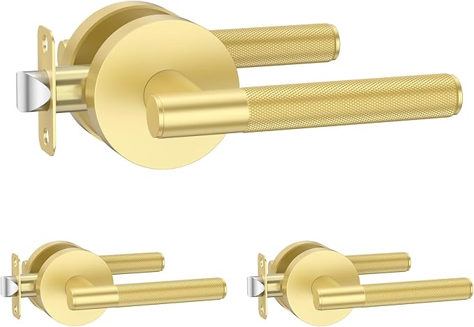 Amerdeco 3 Pack Brushed Gold Passage Door Handles,Heavy Duty Non-Locking Door Lever for Hall, Closet,Office Area, Shopping Malls AM0016