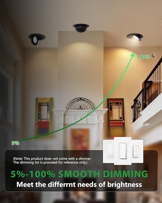 zouzai 6 inch 5CCT Gimbal Black Led Recessed Lights, 360°+90° Adjustable Directional Recessed Lighting, 2700K-5000K Dimmable Retrofit Eyeball Can Lights with Jbox, ETL&Energy Star(Black,12 Pack)