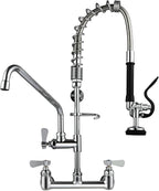 25" Height Commercial Faucet Wall Mount with Sprayer 8" Adjustable Center 12" Swing Spout, Wall Mount Kitchen Sink Faucet with Pull Down Pre-Rinse Sprayer for 1/2 Compartment Sink