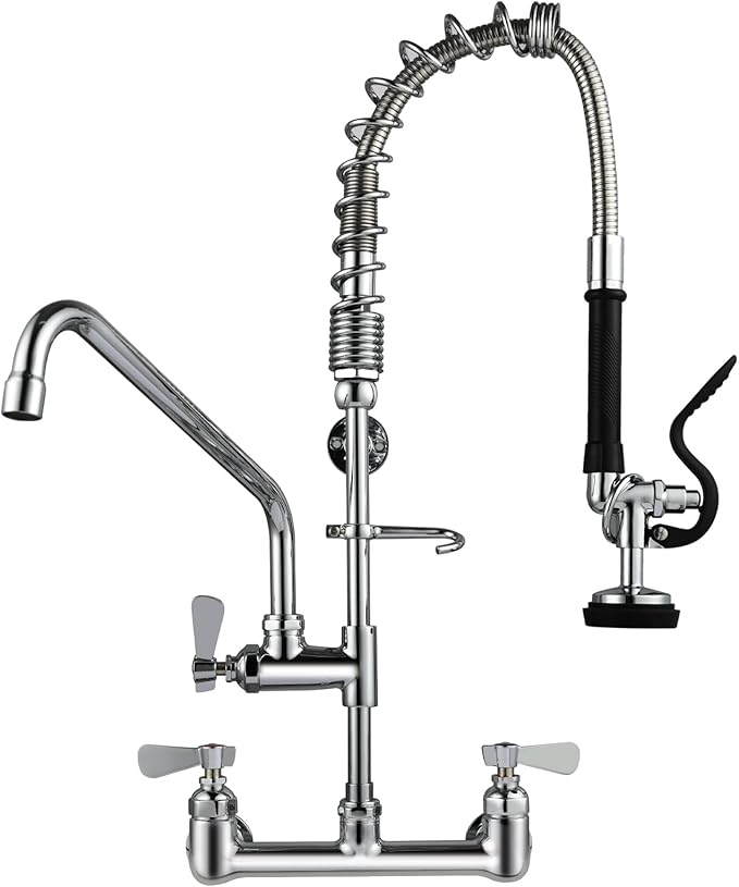 43" Height Commercial Kitchen Sink Faucet Wall Mount with Pre-Rinse Sprayer, 8 inch Center Wall Mount Faucet with Spring Pull Down Sprayer and 12" Add-on Spout for Restaurant