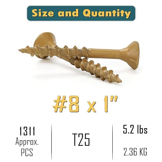 WELLOCKS Deck Screws, Wood Screws, Tan, Superior Rust Resistant, Epoxy Coated, Above 1000 Hour Salt Spray Coating T25 Torx Star Bit Included for Outdoor Wood Fence (1.2LBS Tan, #8×1")