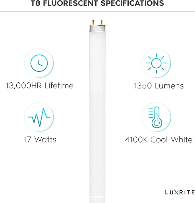 LUXRITE F17T8/841 17W 24 Inch T8 Fluorescent Tube Light Bulb, 4100K Cool White, 1350 Lumens, G13 Medium Bi-Pin Base, LR20752, 6-Pack