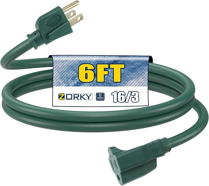 6ft Outdoor Extension Cord - 16/3 Heavy Duty SJTW Waterproof Green Electrical Cable with 3 Prong Grounded Plug for Safety, Great for Lawn and Major Appliances