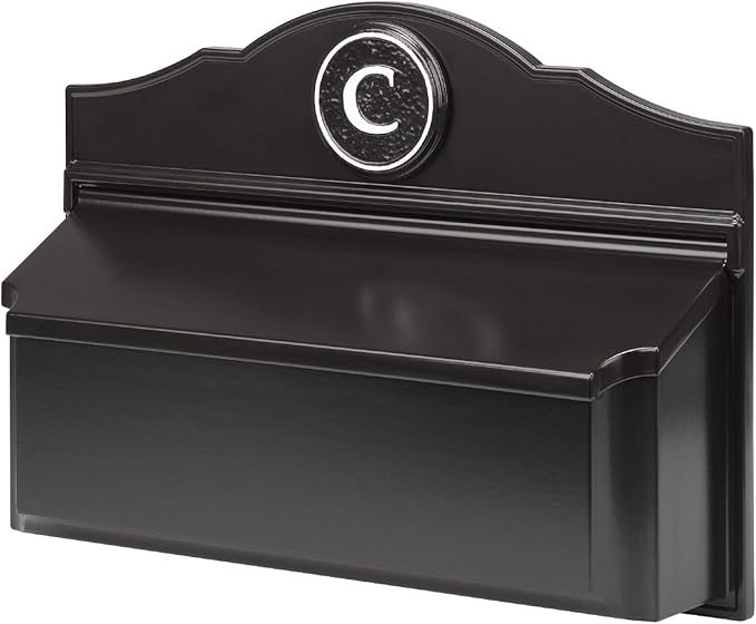 Whitehall Custom Wall Mount Mailbox Package - Mail Box with Monogram, Sand Cast Aluminum, Classic Design Black Personalized in White