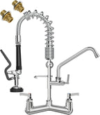 21" Height Commercial Faucet with Pre-Rinse Sprayer and 8" Add-on Swing Spout – Wall Mount Kitchen Sink Faucet,8" Adjustable Center Brass Body for 1/2/3 Compartment Restaurant Utility Sink