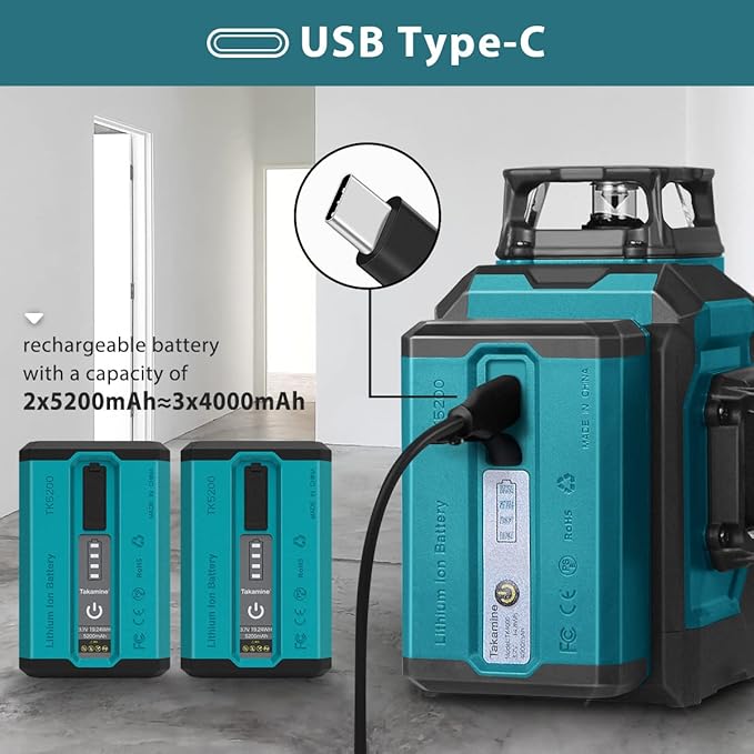 Takamine 12 Lines 3D Self Leveling Laser Level Pro, 3x360 ultra-bright Red Line with Brightness Adjustment, Two Li-ion Batteries, Remote Controller, Magnetic Rotating Stand Included