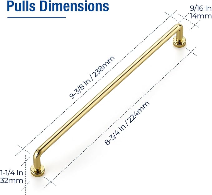 JOY DECOR Cabinet Pulls – 8-3/4 Inch Hole Center, Polished Brass, 10 Pack, Zinc Alloy Cabinet Handles for Drawers & Cupboard – Vintage Style Hardware for Kitchen, Bathroom, Dresser, Furniture Makeover
