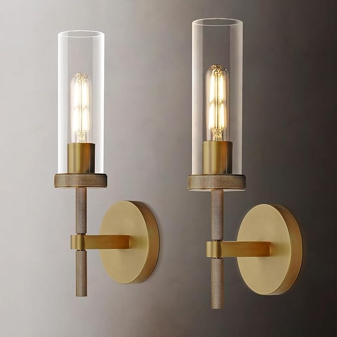 Knurled Wall Sconces Set of Two, Brass Wall Sconce Lights, 14" Gold Bathroom Wall Sconces, Glass Linear Sconce Wall Lighting, Vanity Lights Bathroom Light Fixture Wall Lights for Living Room