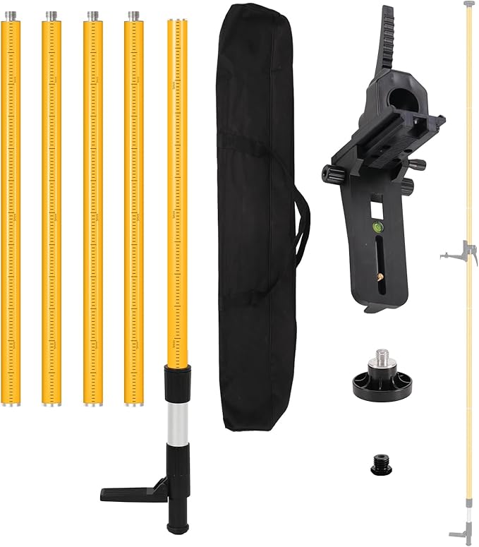 Laser Level Pole with Adjustable Mount 1/4-Inch by 20-Inch, 12 FT/3.7M Adjustable Telescoping Laser Pole with 5/8''-11 Thread Adapter for Rotary and Line Lasers (Without Tripod)