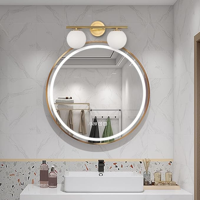 New Bathroom Vanity Light Fixtures 2 Lights Brushed Brass Milk White Globe Glass Shade Modern Wall Bar Sconce Over Mirror (Exclude Bulb
