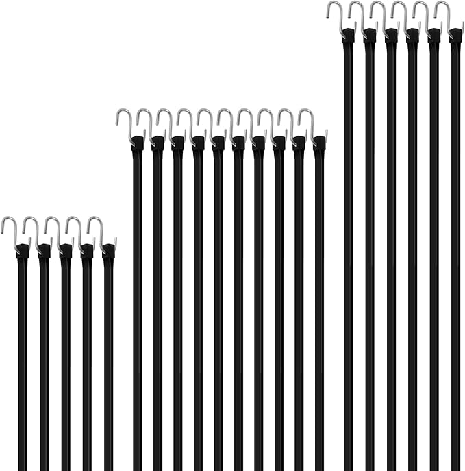 Rubber Bungee Cords with Hooks, 100% EPDM Bungee Cord with 150% Max Stretch, 15", 21", 31" (20 Pack) Heavy Duty Bungee Straps for Securing Tarps, Canvases, Cargo, Motorcycle, Weatherproof