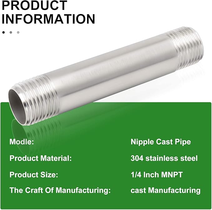 TAISHER 2PCS Stainless Steel Pipe Fittings, 1/4" NPT x 1/4" NPT Male Threaded, 4" Length Nipple Cast Pipe